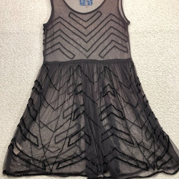 Free People Mini Slip Dress Sheer Scoop Full Beaded Sz XS Charcoal New With Tags - Picture 9 of 9